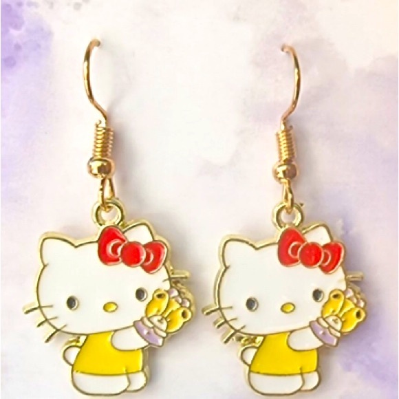 Hello Kitty - HK in yellow dress & red bow with teddy bear dangle earrings NWT - Picture 1 of 1